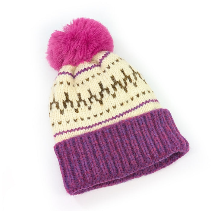 Fair Isle Pattern PomPom Hat - Pink