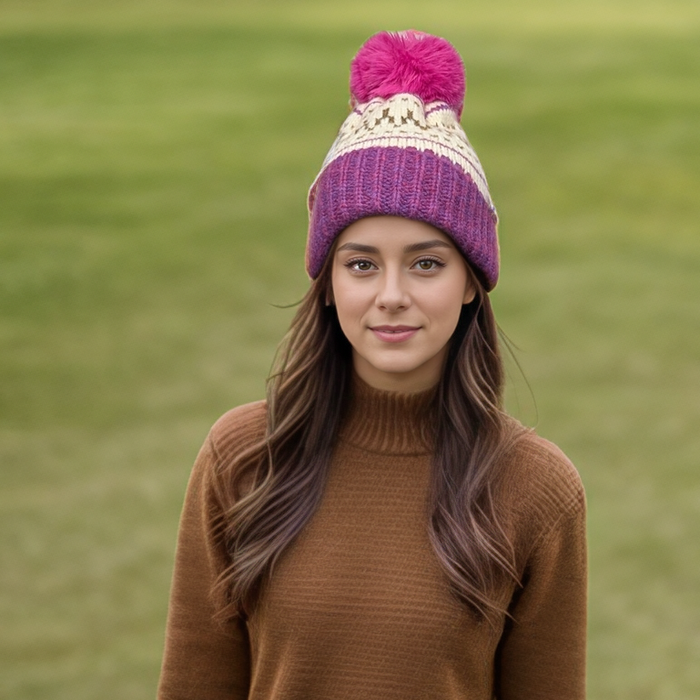 Fair Isle Pattern PomPom Hat - Pink