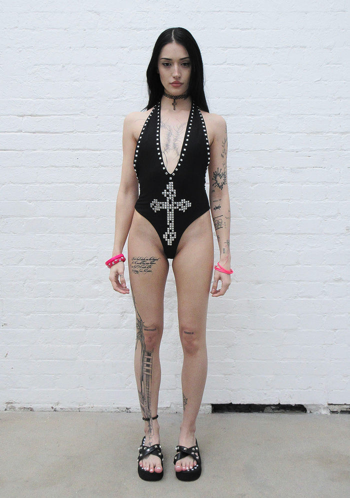 FAITHFUL STUDDED BACKLESS HALTERNECK SWIMSUIT BLACK