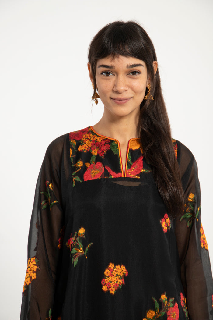 Fajer Silk Black Floral Dress