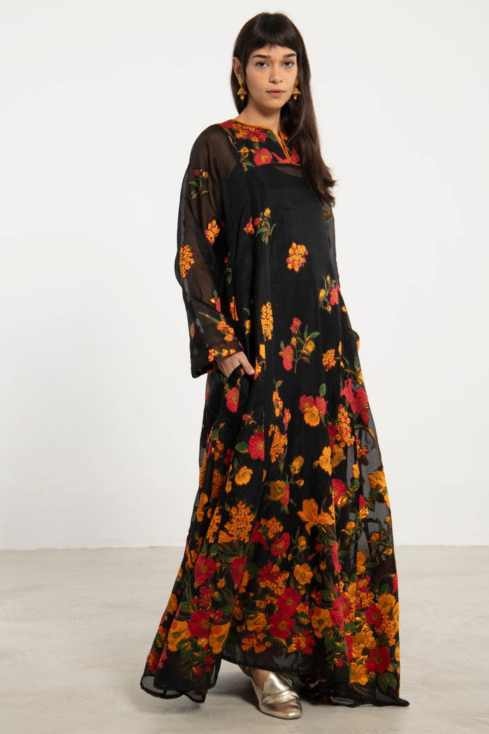 Fajer Silk Black Floral Dress