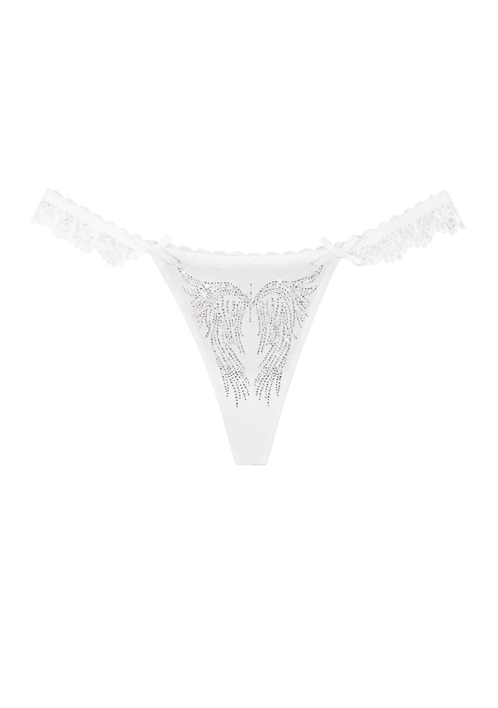 Front view of a white thong with lace trim and rhinestone wing design.