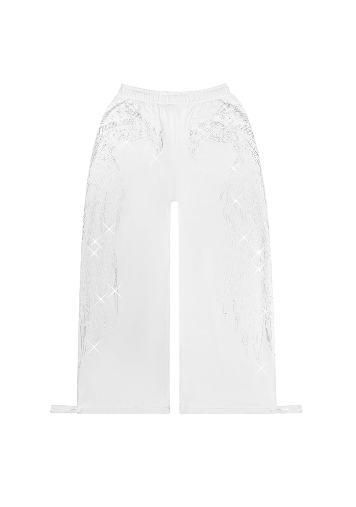 Front view of white sweatpants featuring rhinestone wing design and back pockets, made from organic cotton.