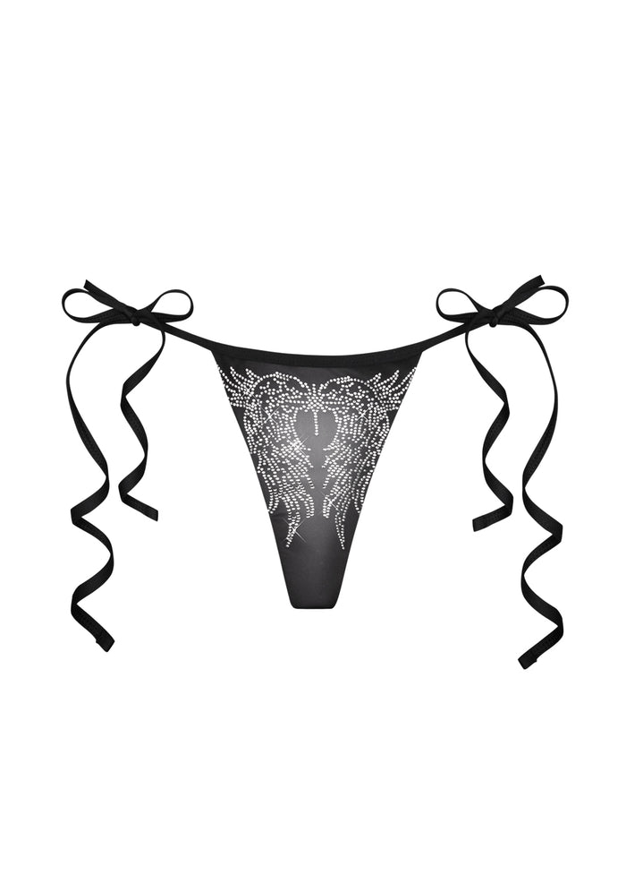 Fallen rhinestone thong bikini bottoms washed black featuring rhinestone wing design and adjustable tie sides.