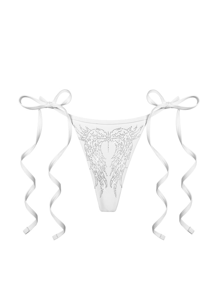 Front view of white bikini bottoms featuring adjustable tie sides and rhinestone wing design.