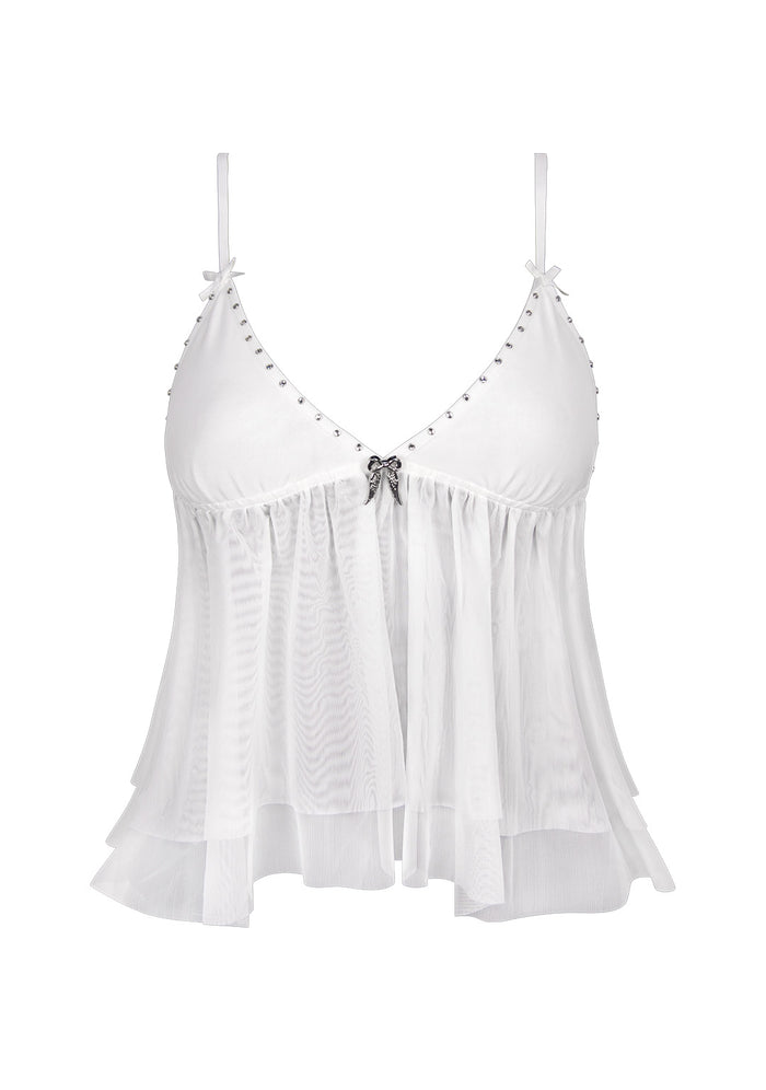 Front view of a white cami top featuring rhinestones and a satin ribbon bows.