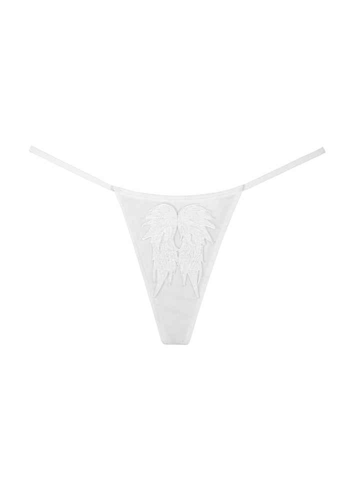 Front view of white g-string featuring fallen embroidered patches.