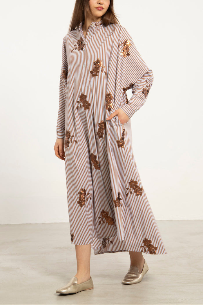 Fardous Cotton Stripe Embroidered Dress