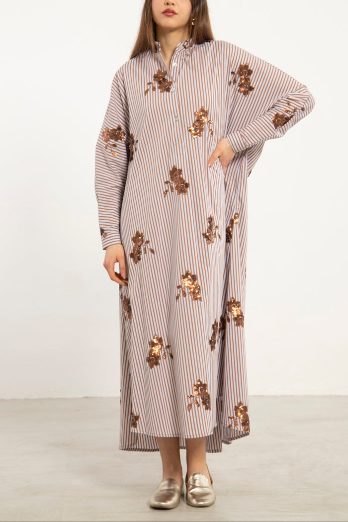 Fardous Cotton Stripe Embroidered Dress