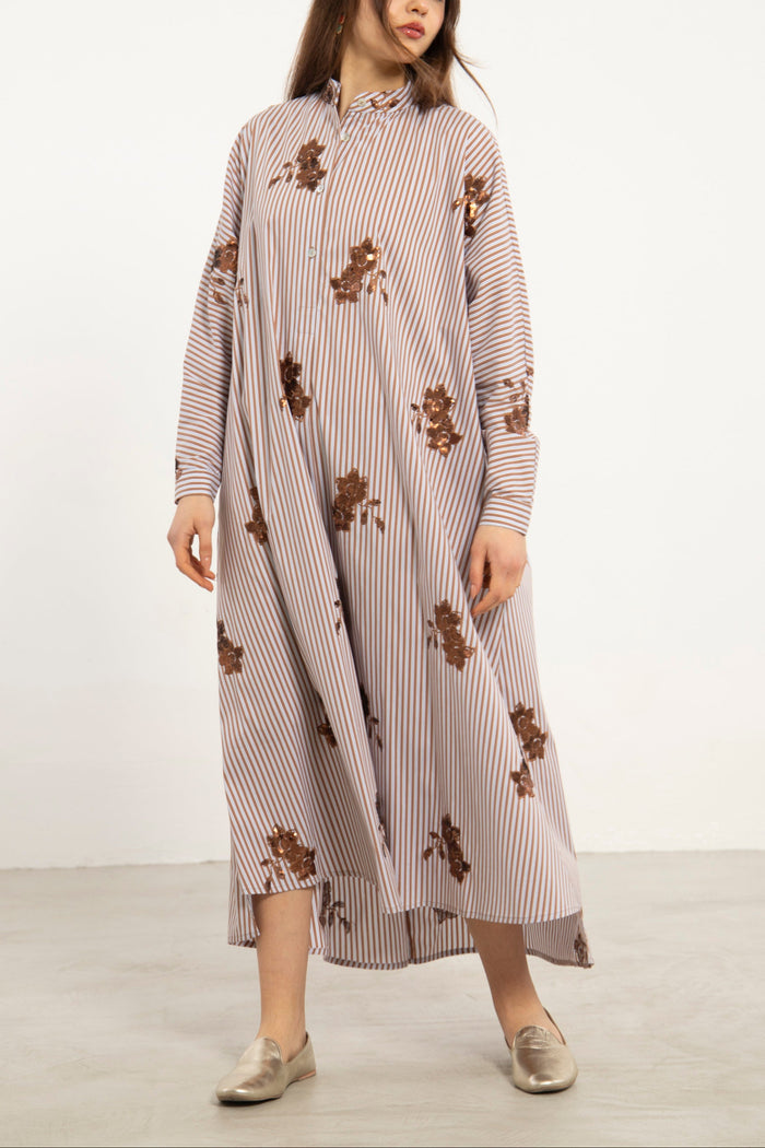 Fardous Cotton Stripe Embroidered Dress