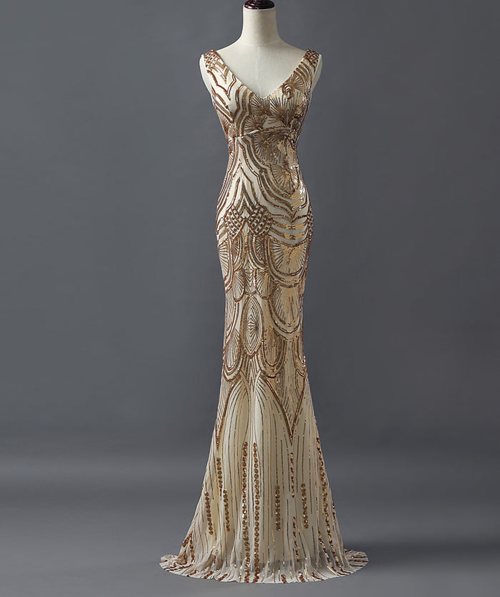 Fashion Charming Sparkly Golden Sequins Mermaid V-neck Formal Evening Party  Prom Dresses,PD00026