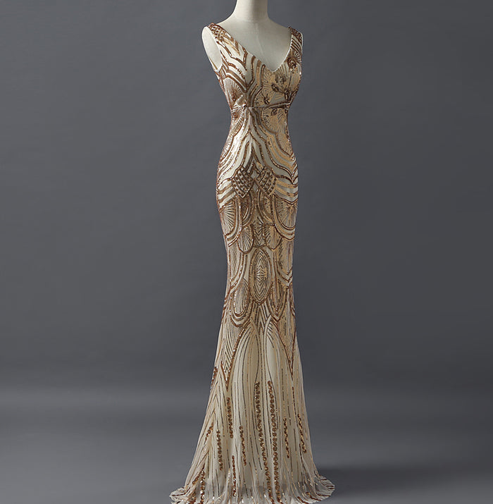 Fashion Charming Sparkly Golden Sequins Mermaid V-neck Formal Evening Party  Prom Dresses,PD00026