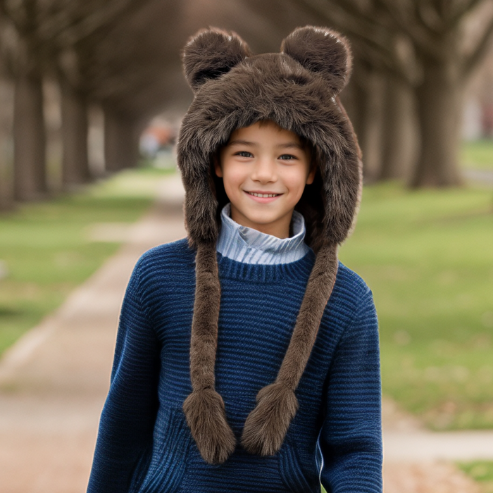 Faux Fur Brown Bear Hat with Long Ties - Dark Brown