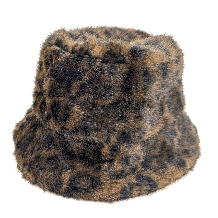 Faux Fur Bucket Hat - Dark Brown Animal Print