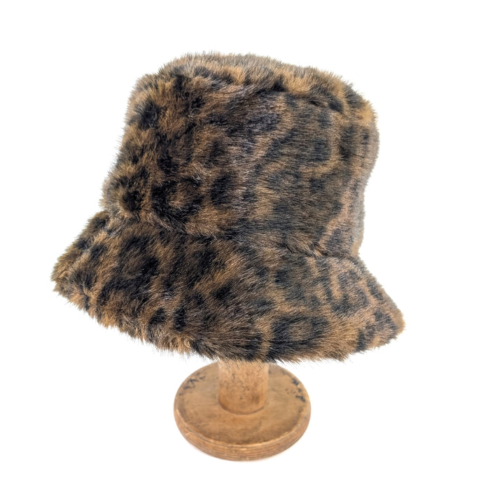 Faux Fur Bucket Hat - Dark Brown Animal Print