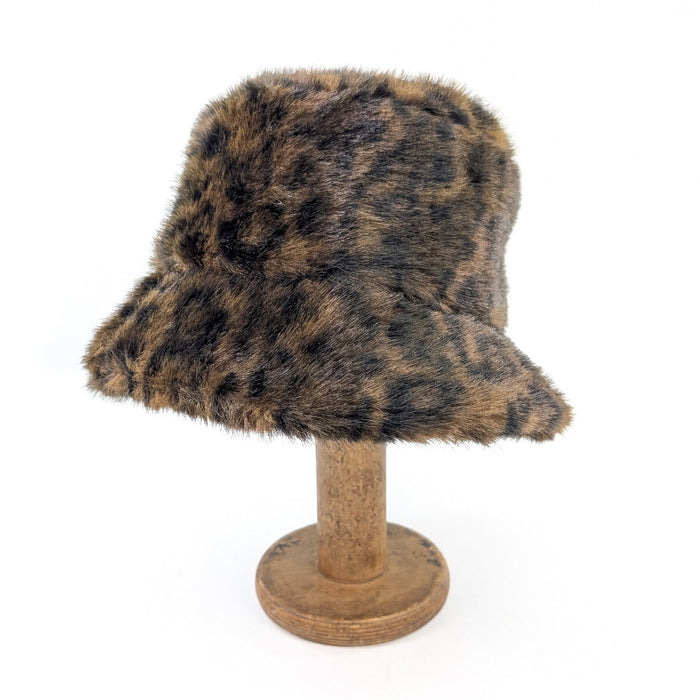 Faux Fur Bucket Hat - Dark Brown Animal Print