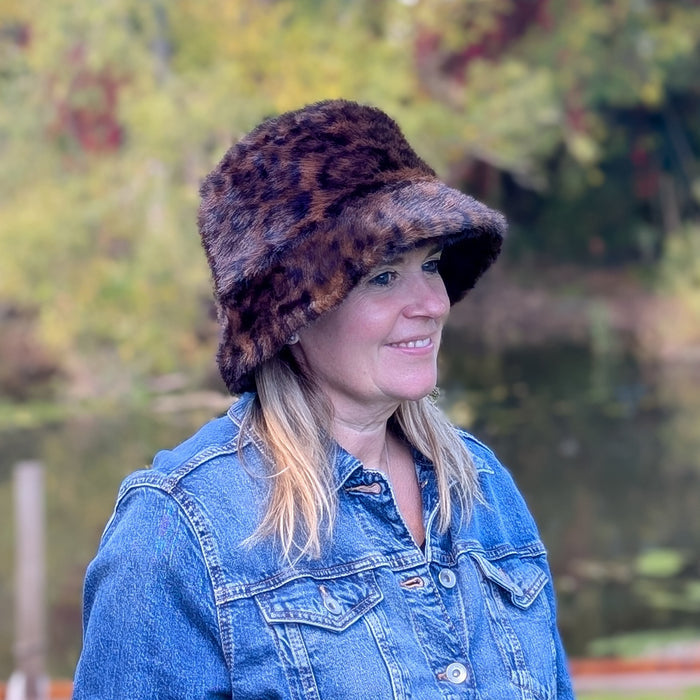 Faux Fur Bucket Hat - Dark Brown Animal Print