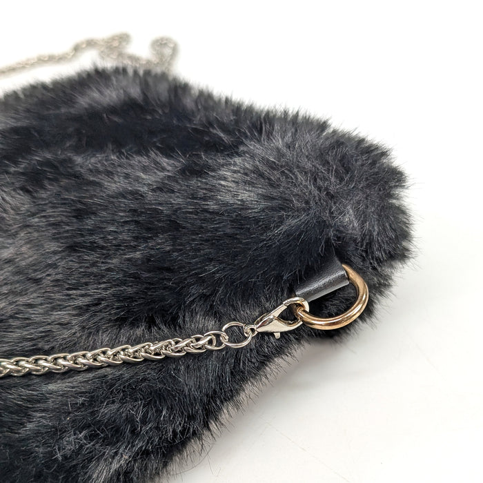 Faux Fur Cross Body Phone Bag with Chain Handle - Black