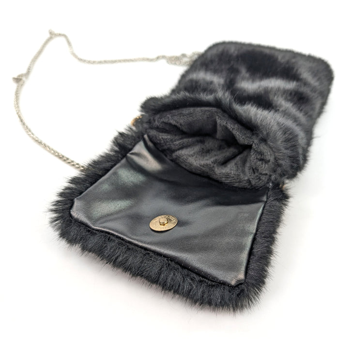 Faux Fur Cross Body Phone Bag with Chain Handle - Black