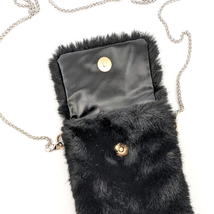 Faux Fur Cross Body Phone Bag with Chain Handle - Black