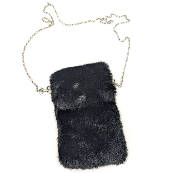 Faux Fur Cross Body Phone Bag with Chain Handle - Black
