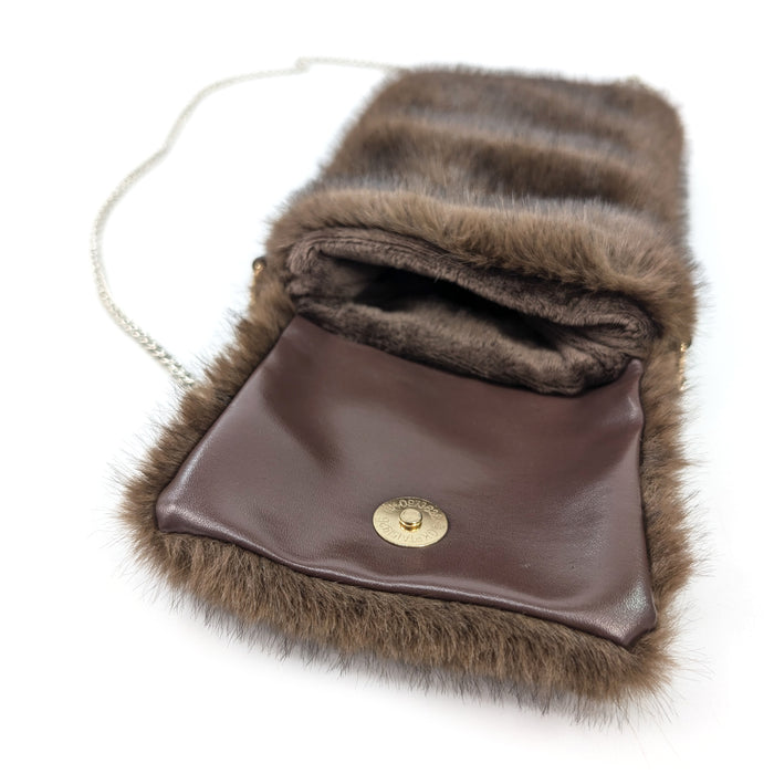 Faux Fur Cross Body Phone Bag with Chain Handle - Dark Brown