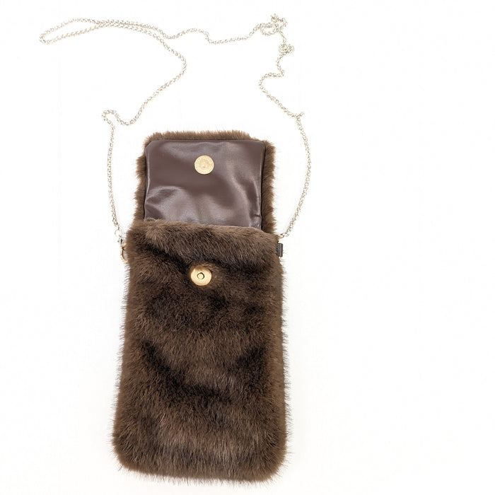 Faux Fur Cross Body Phone Bag with Chain Handle - Dark Brown