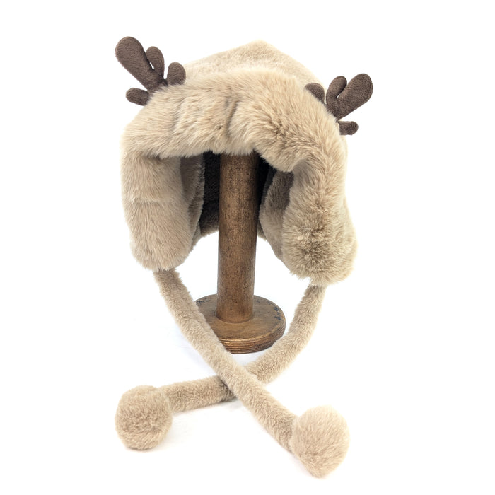 Faux Fur Reindeer Hat with Long Ties - Mink