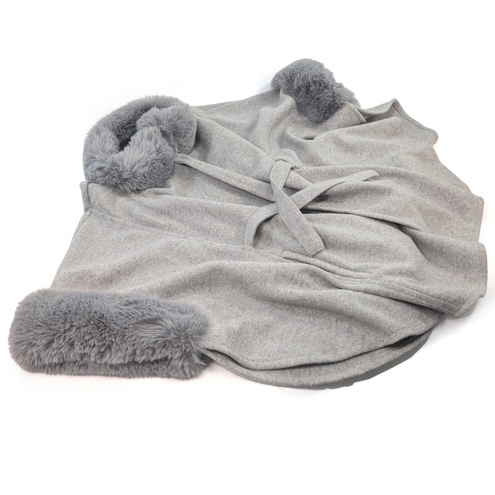 Faux Fur Trimmed Belted Jacket (with pockets) - Grey (One Size)