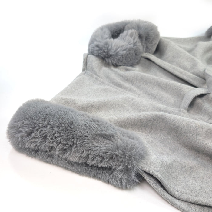 Faux Fur Trimmed Belted Jacket (with pockets) - Grey (One Size)
