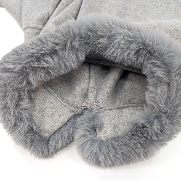 Faux Fur Trimmed Belted Jacket (with pockets) - Grey (One Size)