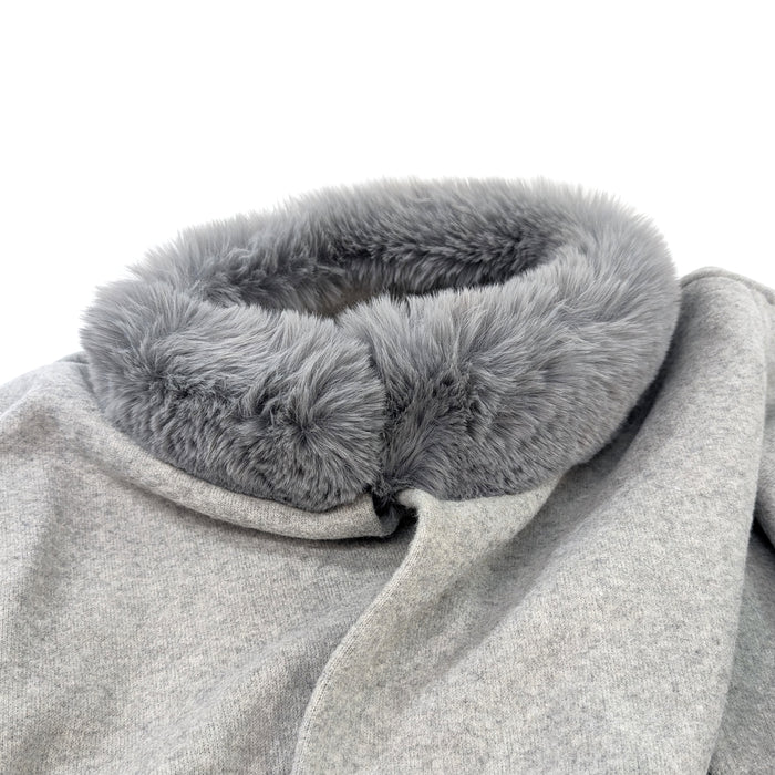Faux Fur Trimmed Belted Jacket (with pockets) - Grey (One Size)