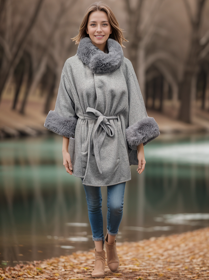 Faux Fur Trimmed Belted Jacket (with pockets) - Grey (One Size)
