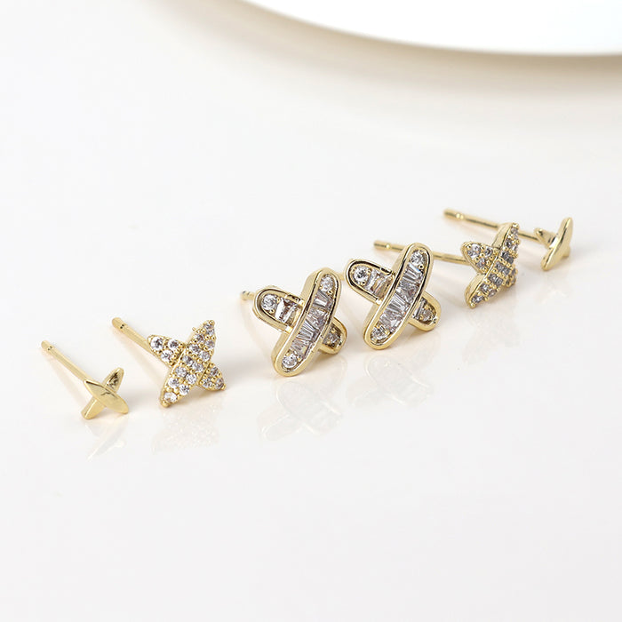 Faux Gold Crystal Flower Studs Triple Pair Pack