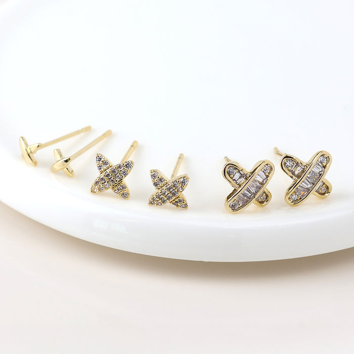 Faux Gold Crystal Flower Studs Triple Pair Pack