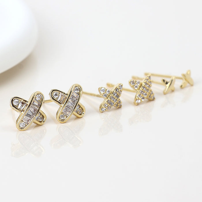Faux Gold Crystal Flower Studs Triple Pair Pack