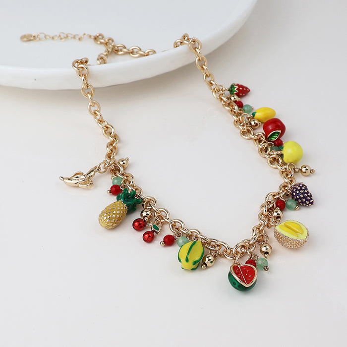 Faux Gold Necklace with Enamel Mixed Fruit Charms