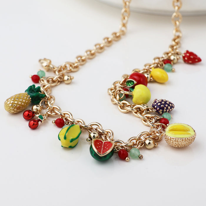 Faux Gold Necklace with Enamel Mixed Fruit Charms