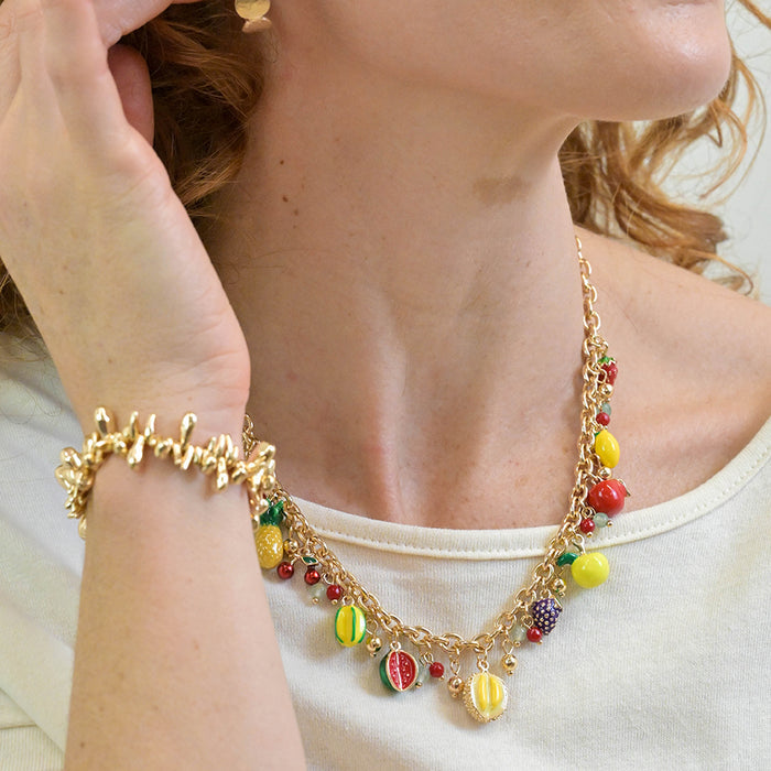 Faux Gold Necklace with Enamel Mixed Fruit Charms