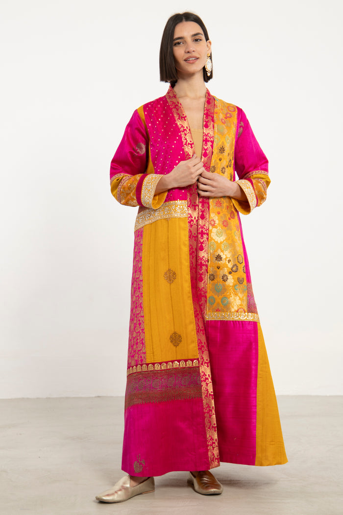 Fayrouz Silk Brocade Yellow & Fuchsia Coat