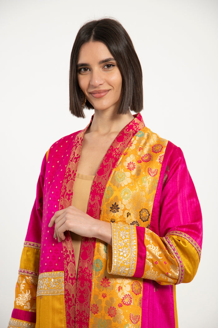 Fayrouz Silk Brocade Yellow & Fuchsia Coat