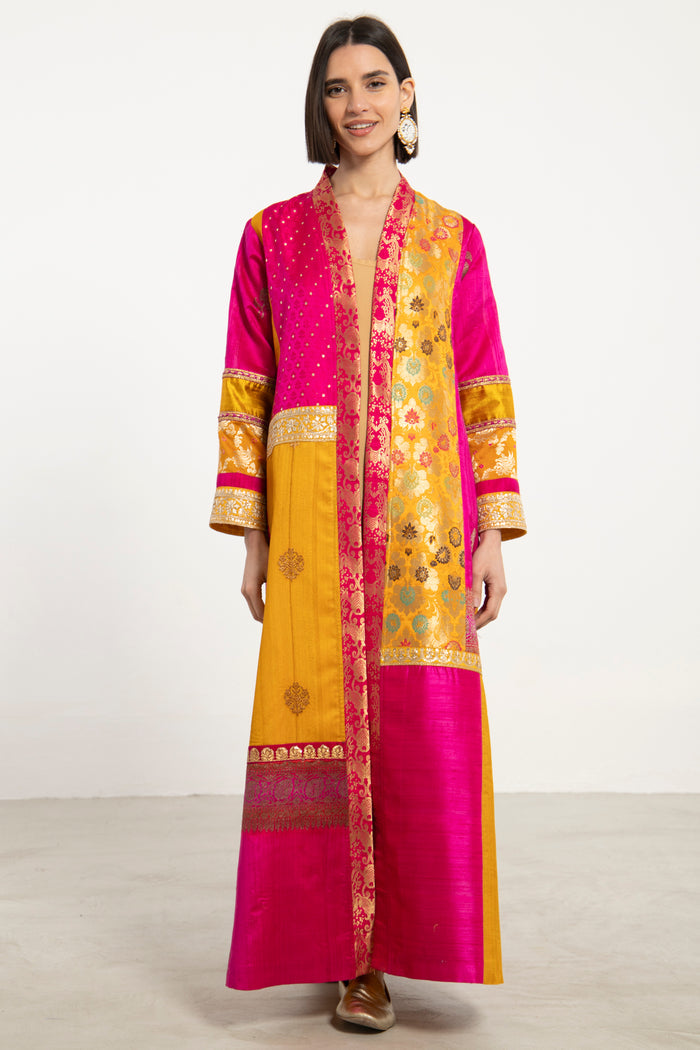 Fayrouz Silk Brocade Yellow & Fuchsia Coat
