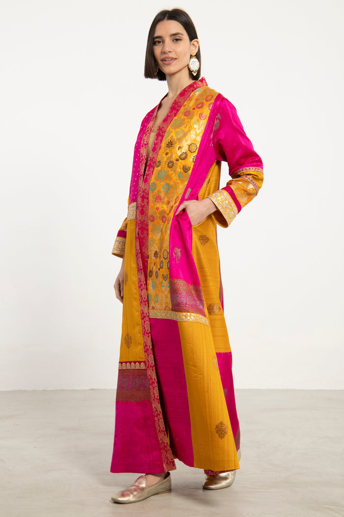 Fayrouz Silk Brocade Yellow & Fuchsia Coat