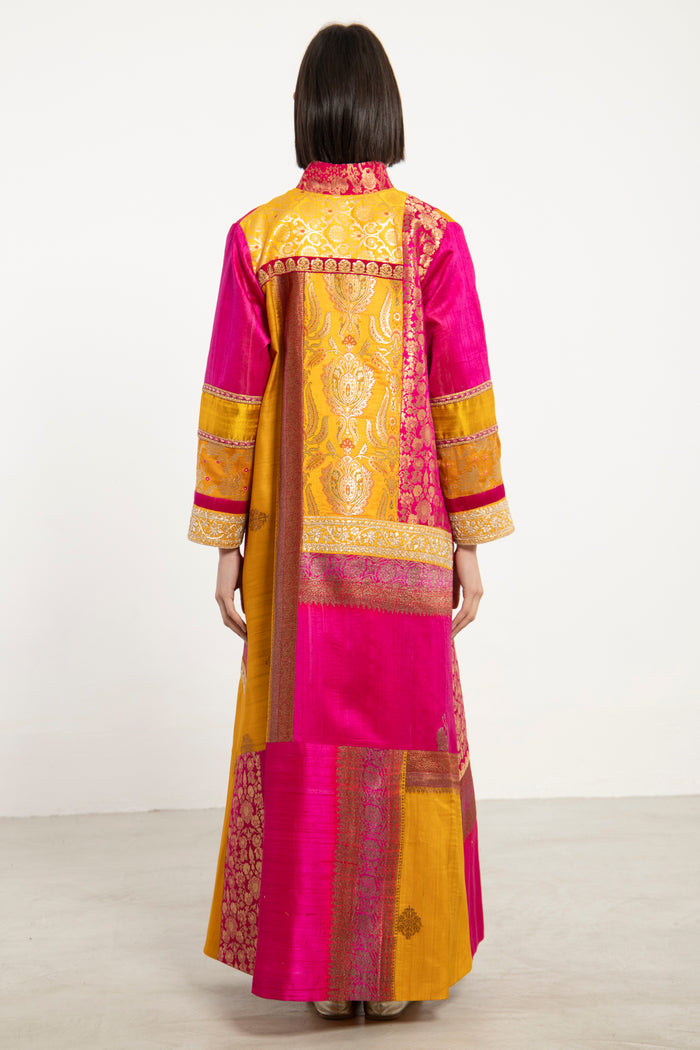 Fayrouz Silk Brocade Yellow & Fuchsia Coat