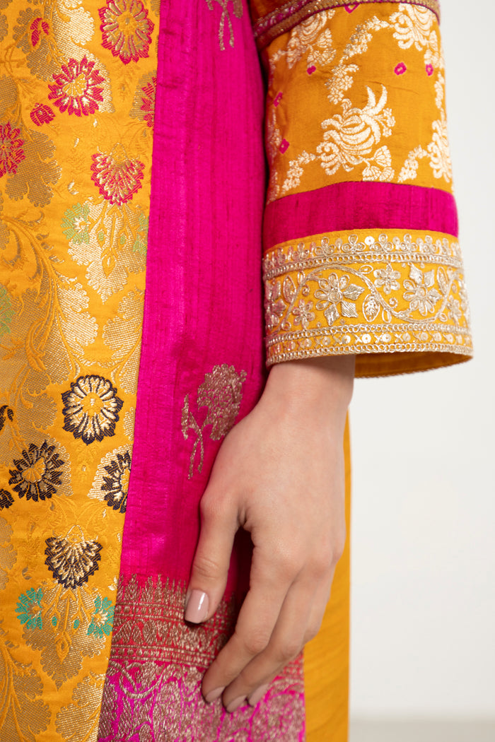 Fayrouz Silk Brocade Yellow & Fuchsia Coat