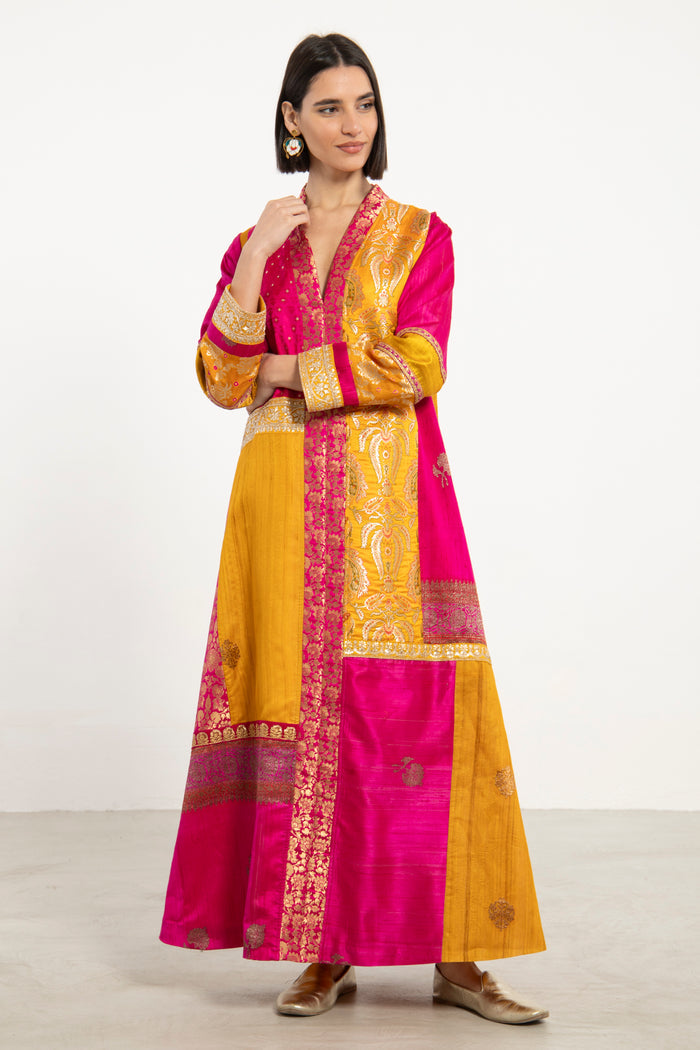 Fayrouz Silk Brocade Yellow & Fuchsia Dress