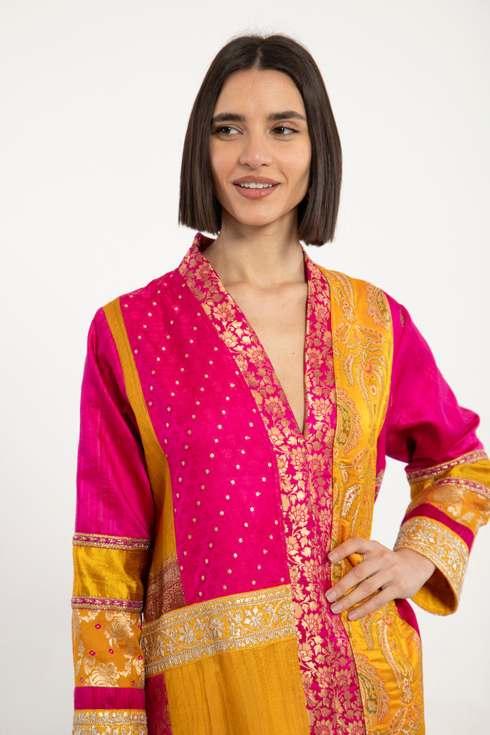 Fayrouz Silk Brocade Yellow & Fuchsia Dress