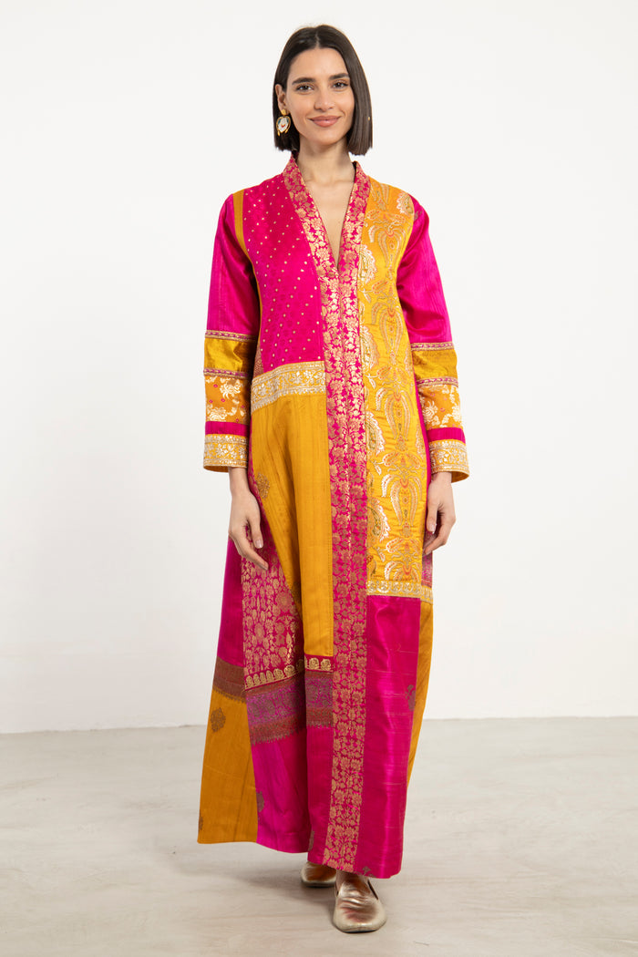 Fayrouz Silk Brocade Yellow & Fuchsia Dress