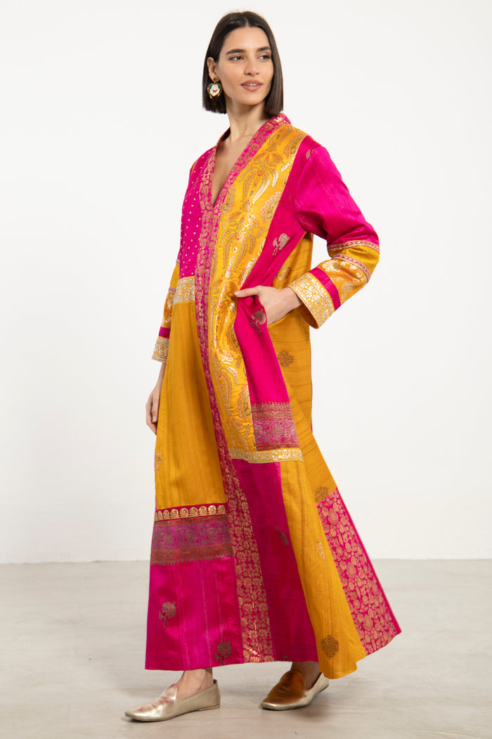 Fayrouz Silk Brocade Yellow & Fuchsia Dress