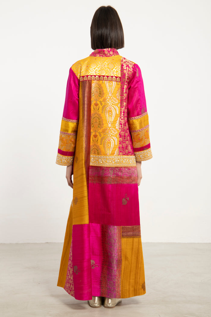 Fayrouz Silk Brocade Yellow & Fuchsia Dress